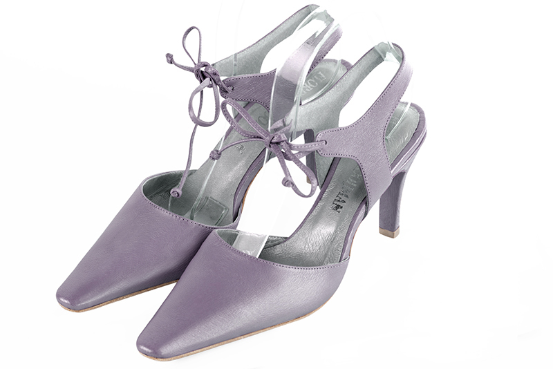 Lilac purple women's open back shoes, with an instep strap. Tapered toe. High slim heel. Front view - Florence KOOIJMAN